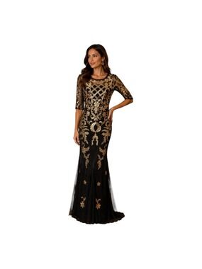 Vijiv Black Gold Sequin Formal Mermaid Gown Dress NWT Small